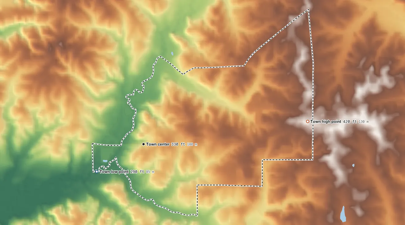 Topographic elevation map of Liberty, Mississippi, shaded from 290 ft on the southwest side to 420 ft on the east side