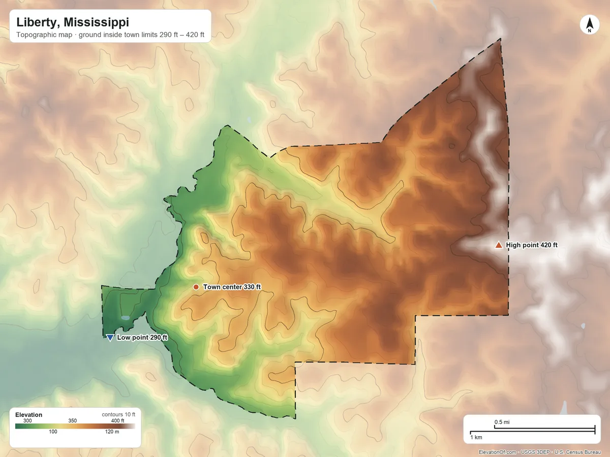 Topographic elevation map of Liberty, Mississippi, shaded from 290 ft on the southwest side to 420 ft on the east side