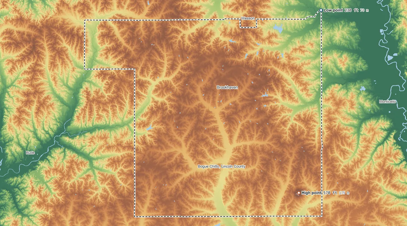 Topographic elevation map of Lincoln County, Mississippi, shaded from 230 ft on the northeast side to 570 ft on the southeast side