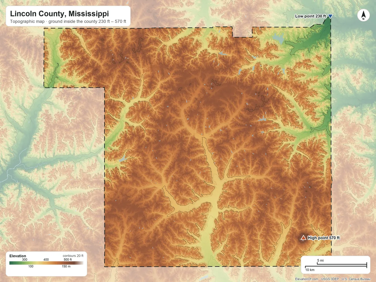 Topographic elevation map of Lincoln County, Mississippi, shaded from 230 ft on the northeast side to 570 ft on the southeast side