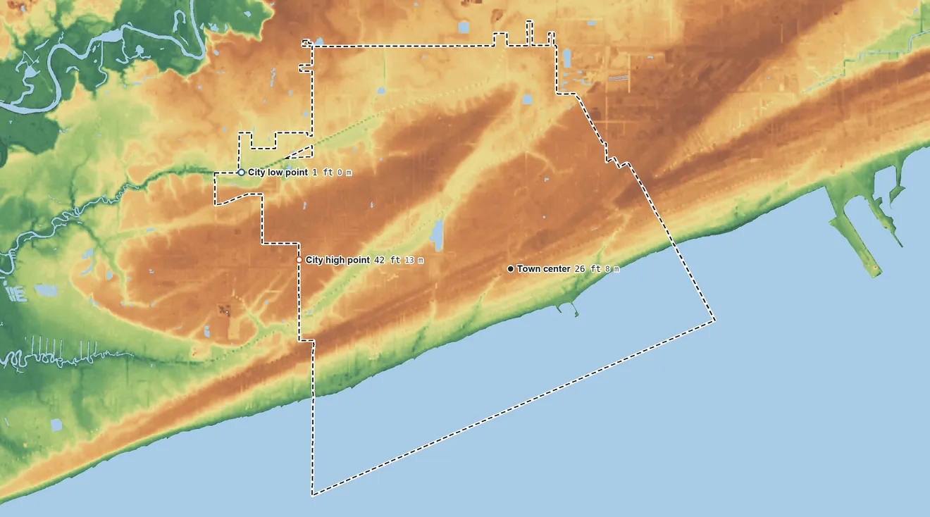 Topographic elevation map of Long Beach, Mississippi, shaded from 1 ft on the west side to 42 ft on the west side