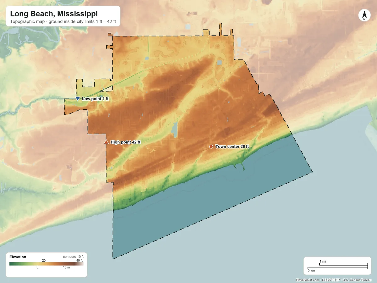 Topographic elevation map of Long Beach, Mississippi, shaded from 1 ft on the west side to 42 ft on the west side