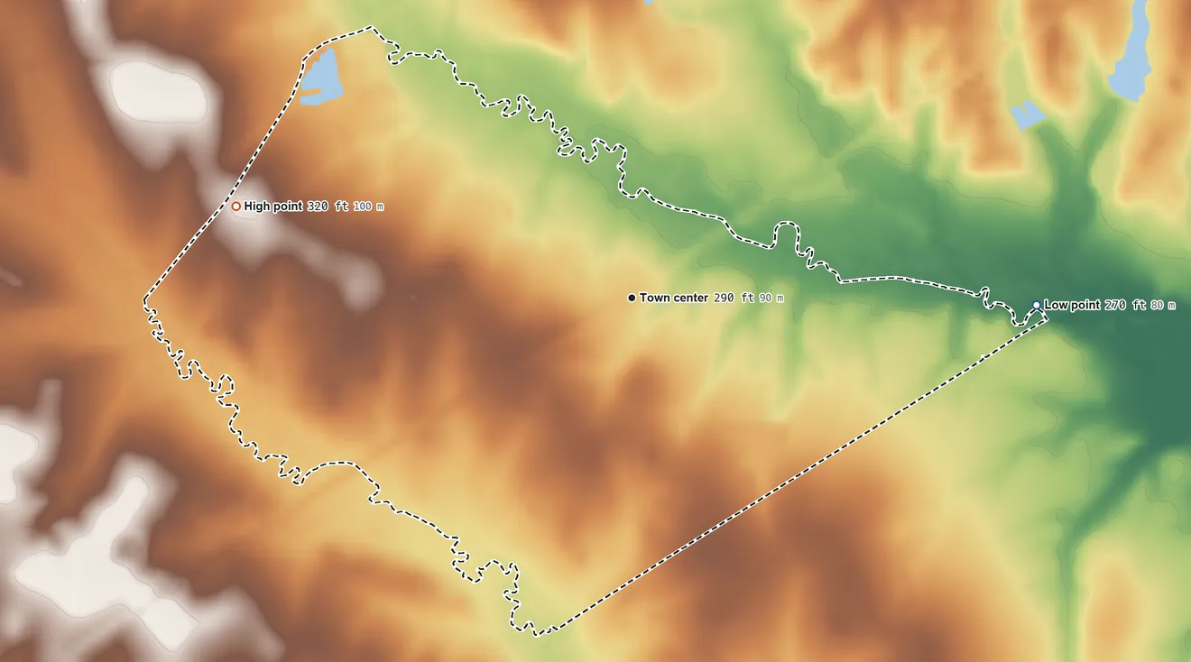 Topographic elevation map of Longview, Mississippi, shaded from 270 ft on the east side to 320 ft on the west side