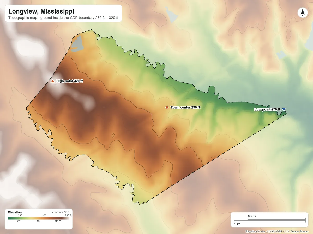 Topographic elevation map of Longview, Mississippi, shaded from 270 ft on the east side to 320 ft on the west side