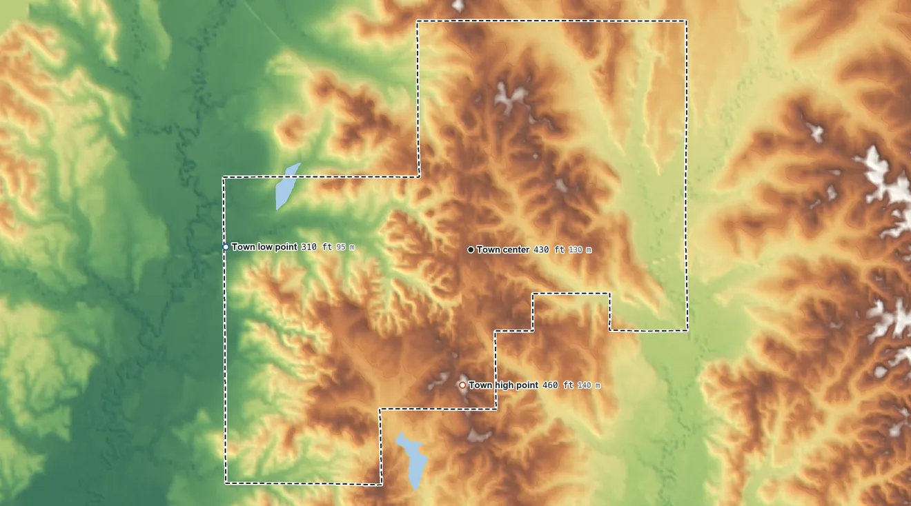 Topographic elevation map of Louin, Mississippi, shaded from 310 ft on the west side to 460 ft on the south side