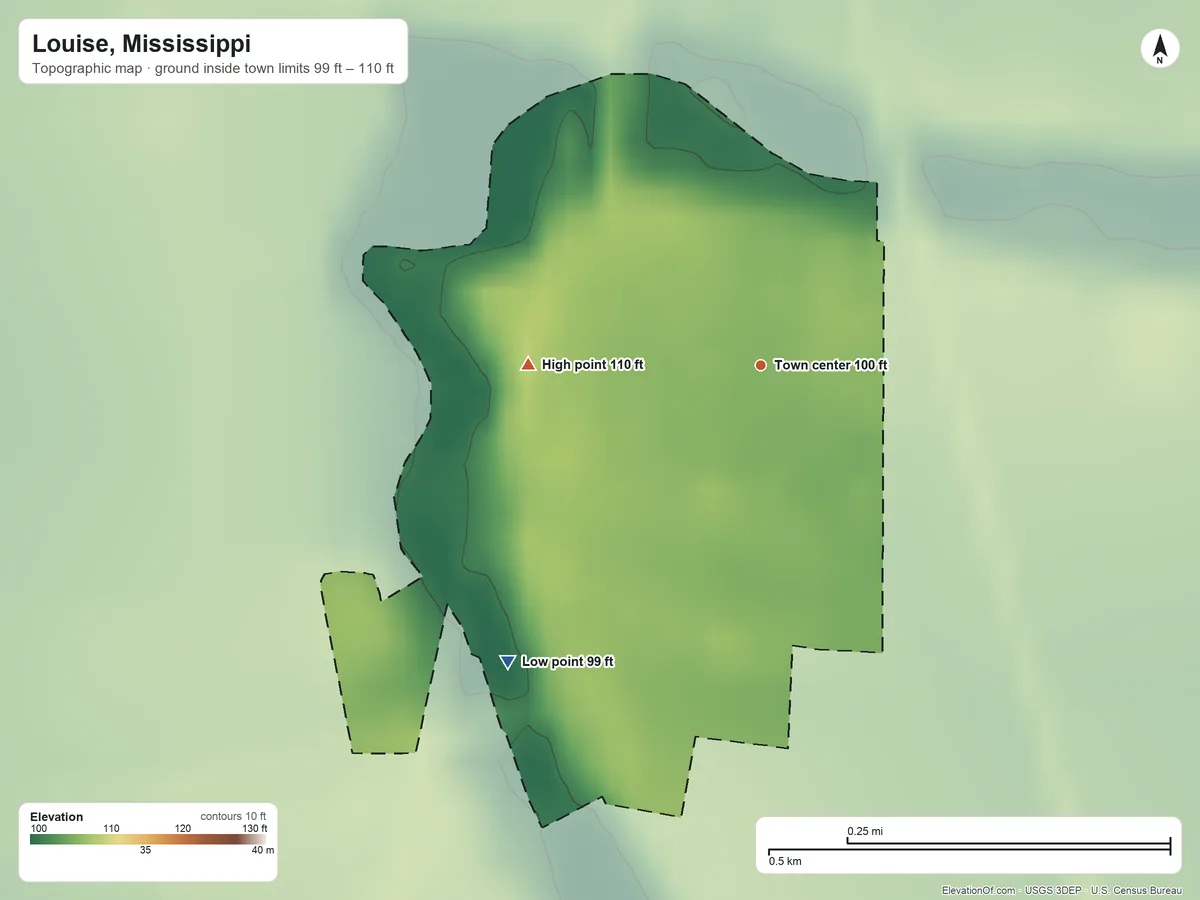 Topographic elevation map of Louise, Mississippi, shaded from 99 ft on the southwest side to 110 ft on the west side