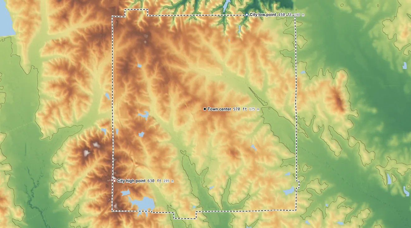 Topographic elevation map of Louisville, Mississippi, shaded from 450 ft on the northeast side to 630 ft on the southwest side