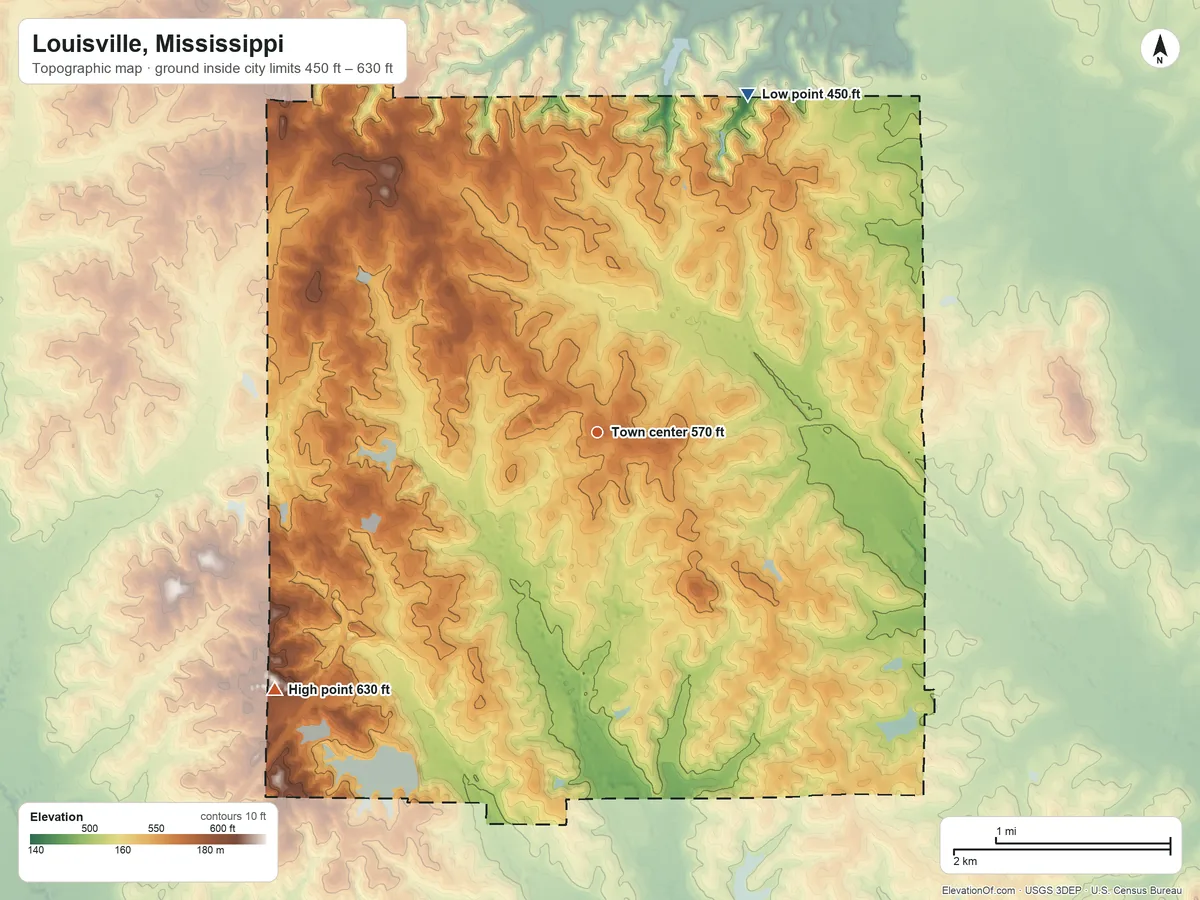 Topographic elevation map of Louisville, Mississippi, shaded from 450 ft on the northeast side to 630 ft on the southwest side