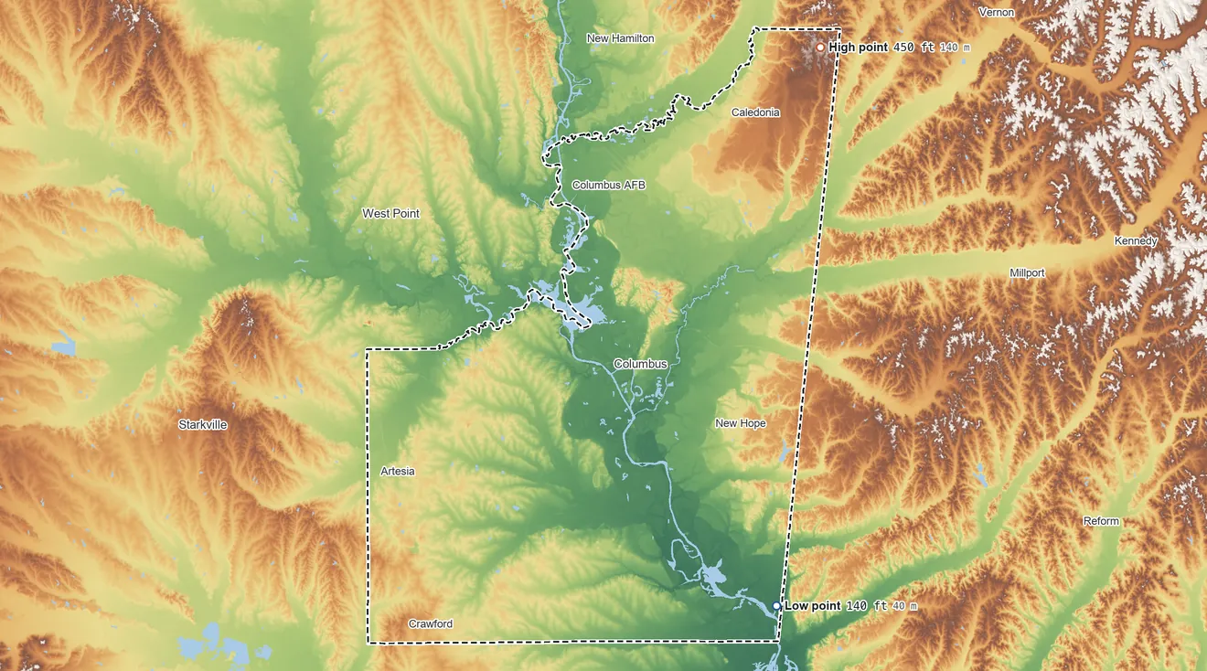 Topographic elevation map of Lowndes County, Mississippi, shaded from 140 ft on the southeast side to 450 ft on the northeast side