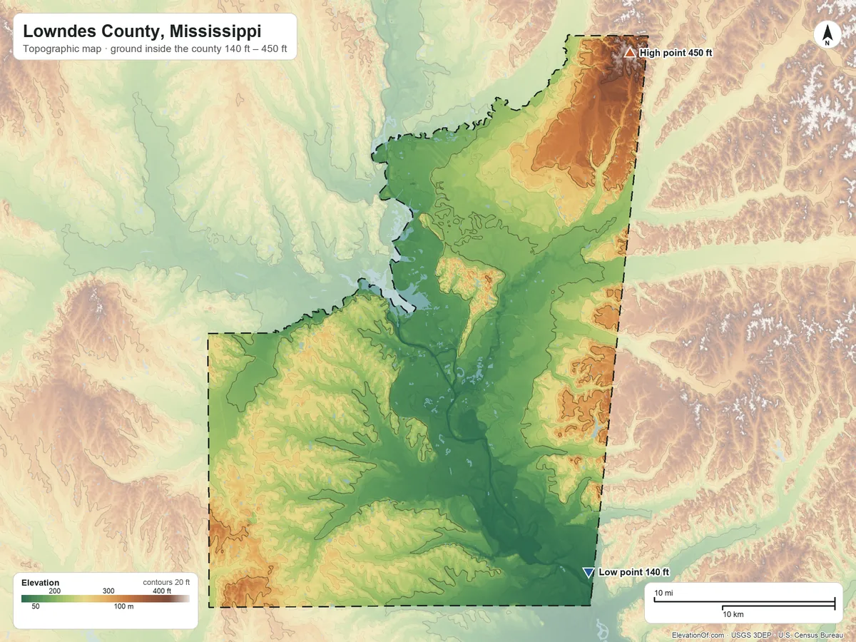 Topographic elevation map of Lowndes County, Mississippi, shaded from 140 ft on the southeast side to 450 ft on the northeast side