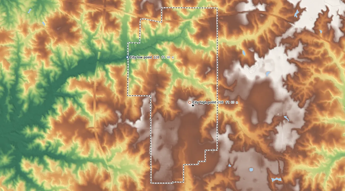 Topographic elevation map of Lucedale, Mississippi, shaded from 120 ft on the northwest side to 290 ft near the middle