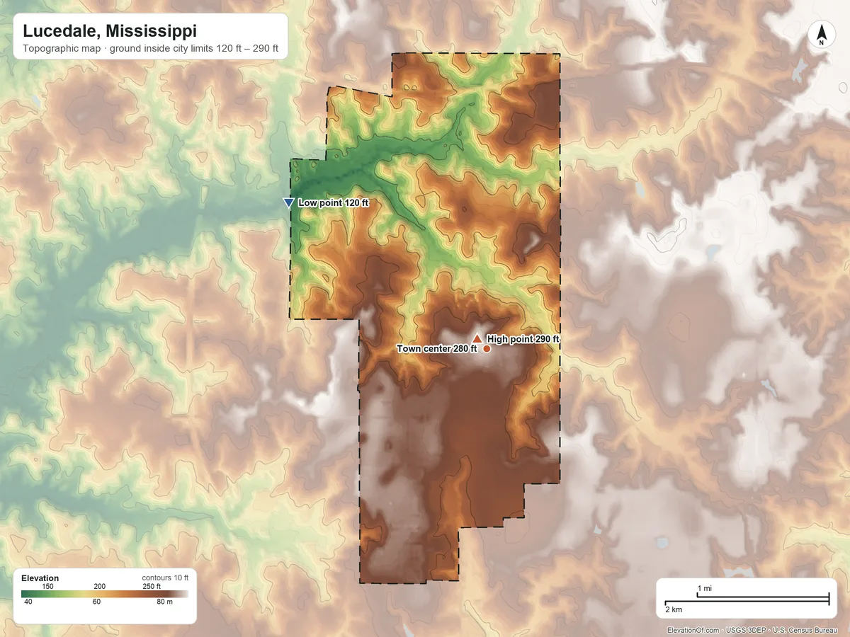 Topographic elevation map of Lucedale, Mississippi, shaded from 120 ft on the northwest side to 290 ft near the middle