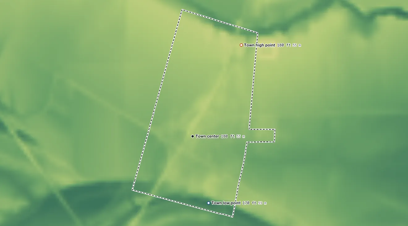 Topographic elevation map of Lula, Mississippi, shaded from 170 ft on the south side to 180 ft on the northeast side