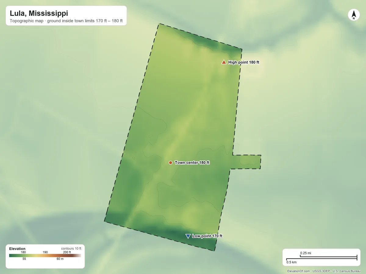 Topographic elevation map of Lula, Mississippi, shaded from 170 ft on the south side to 180 ft on the northeast side