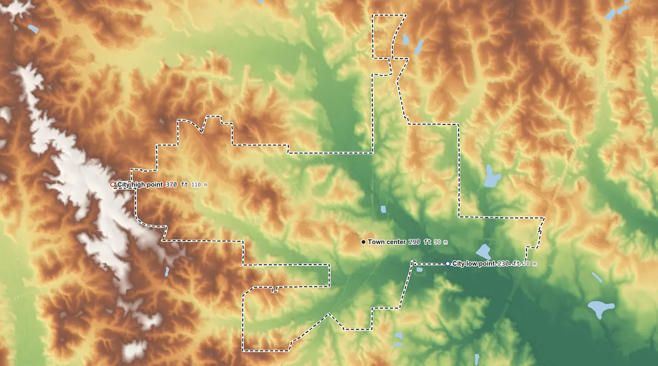 Topographic elevation map of Lumberton, Mississippi, shaded from 230 ft on the east side to 370 ft on the west side