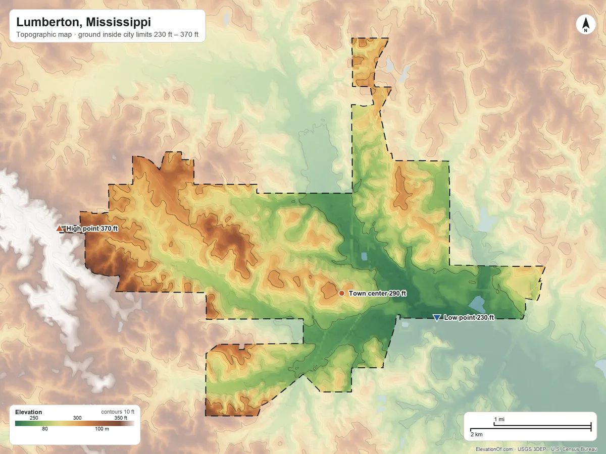 Topographic elevation map of Lumberton, Mississippi, shaded from 230 ft on the east side to 370 ft on the west side