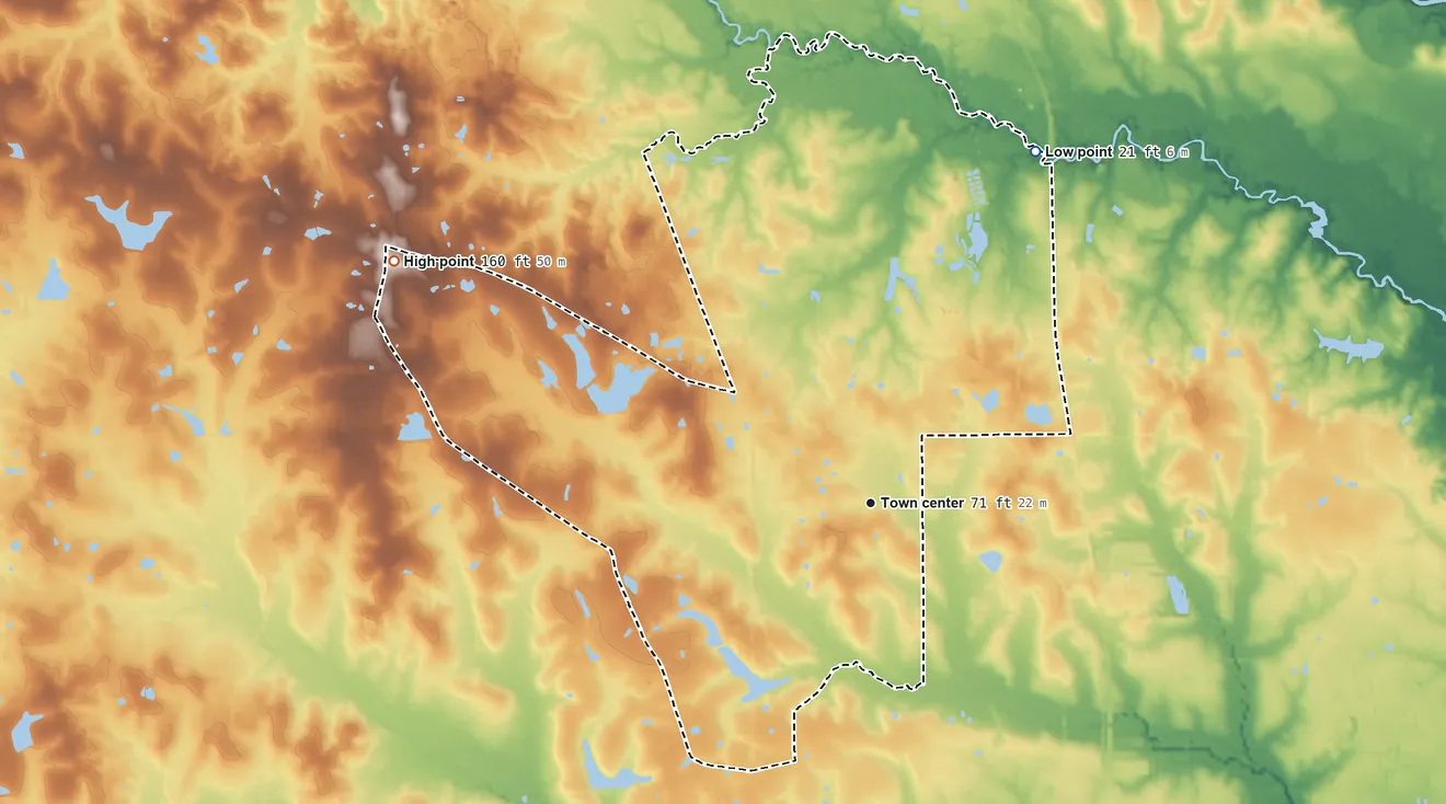 Topographic elevation map of Lyman, Mississippi, shaded from 21 ft on the northeast side to 160 ft on the northwest side