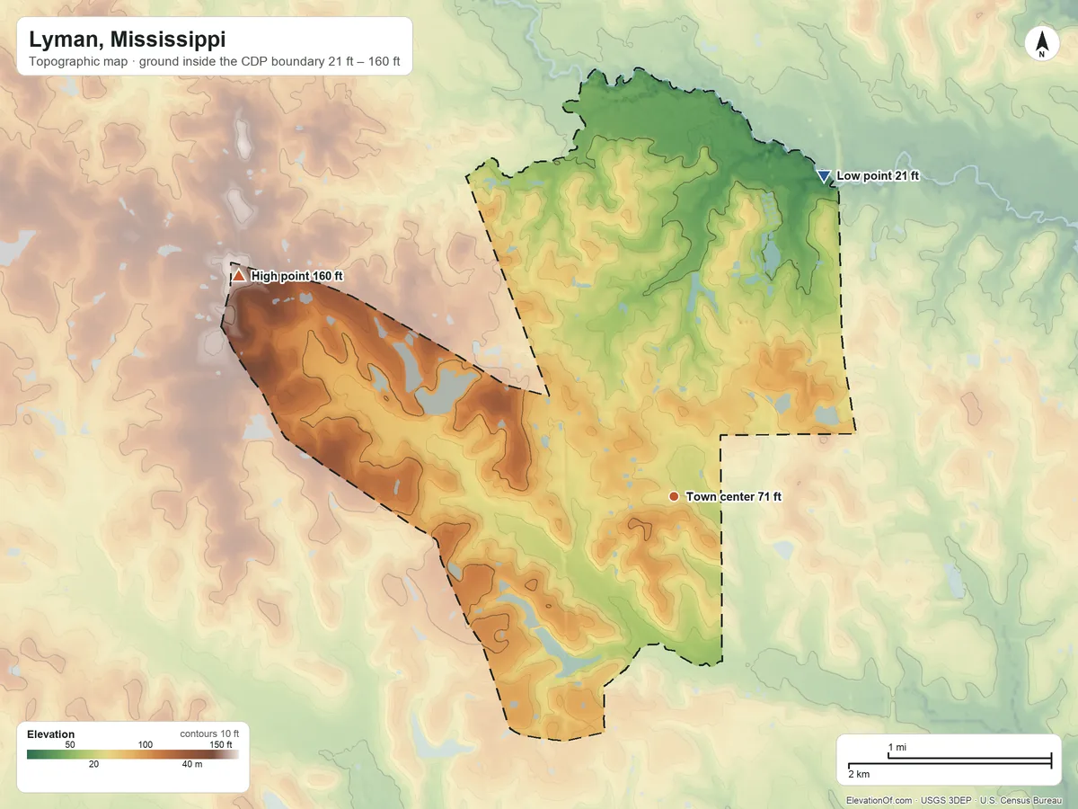 Topographic elevation map of Lyman, Mississippi, shaded from 21 ft on the northeast side to 160 ft on the northwest side