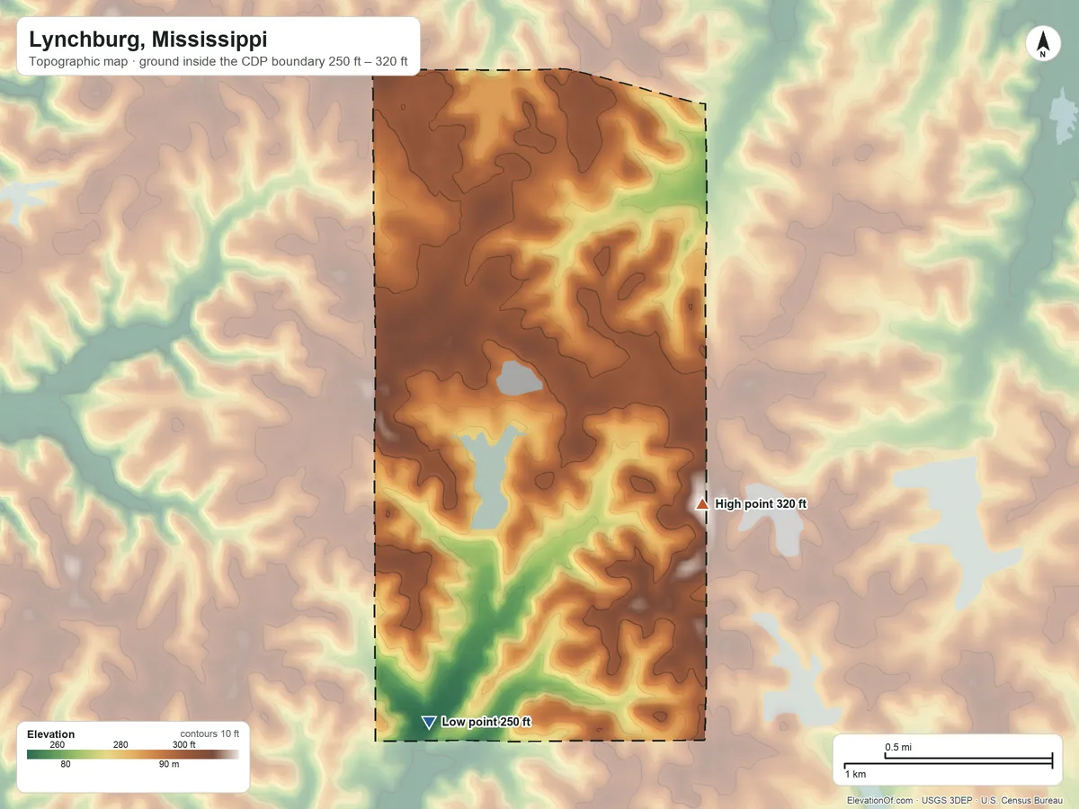 Topographic elevation map of Lynchburg, Mississippi, shaded from 250 ft on the south side to 320 ft on the southeast side