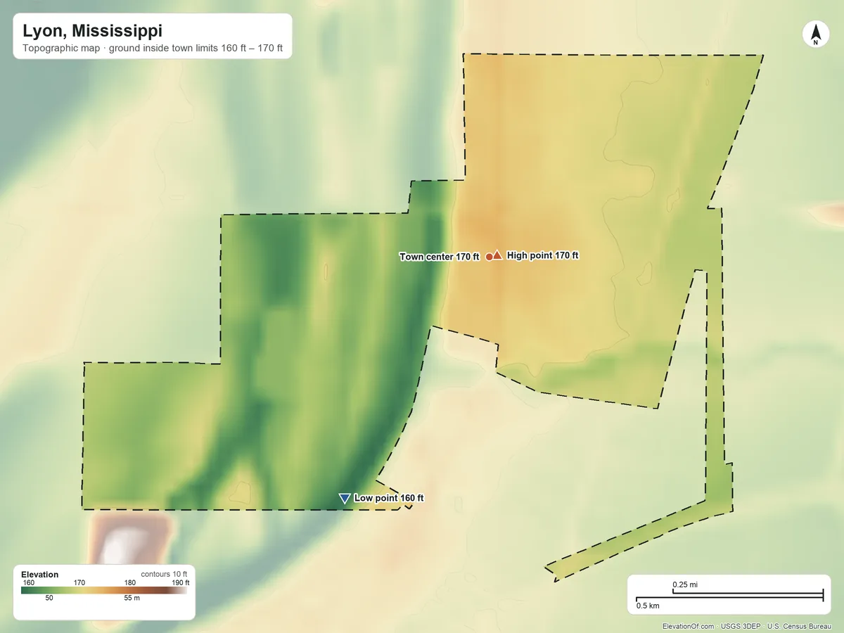 Topographic elevation map of Lyon, Mississippi, shaded from 160 ft on the southwest side to 170 ft near the middle