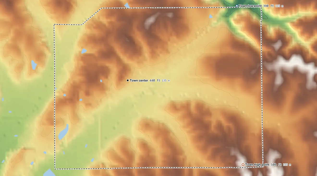 Topographic elevation map of Maben, Mississippi, shaded from 390 ft on the northeast side to 500 ft on the southeast side