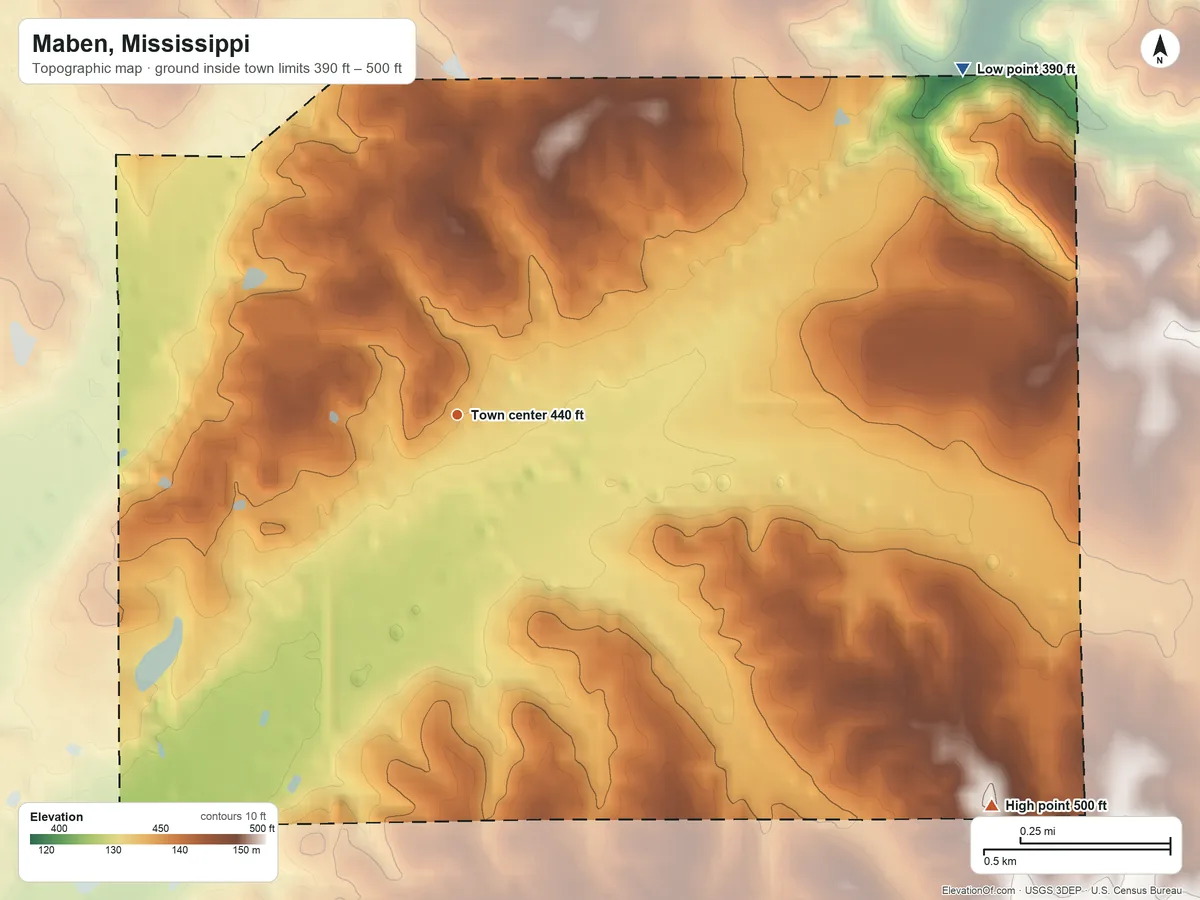 Topographic elevation map of Maben, Mississippi, shaded from 390 ft on the northeast side to 500 ft on the southeast side