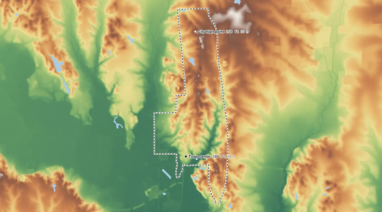 Topographic elevation map of Macon, Mississippi, shaded from 170 ft near the middle to 260 ft on the north side