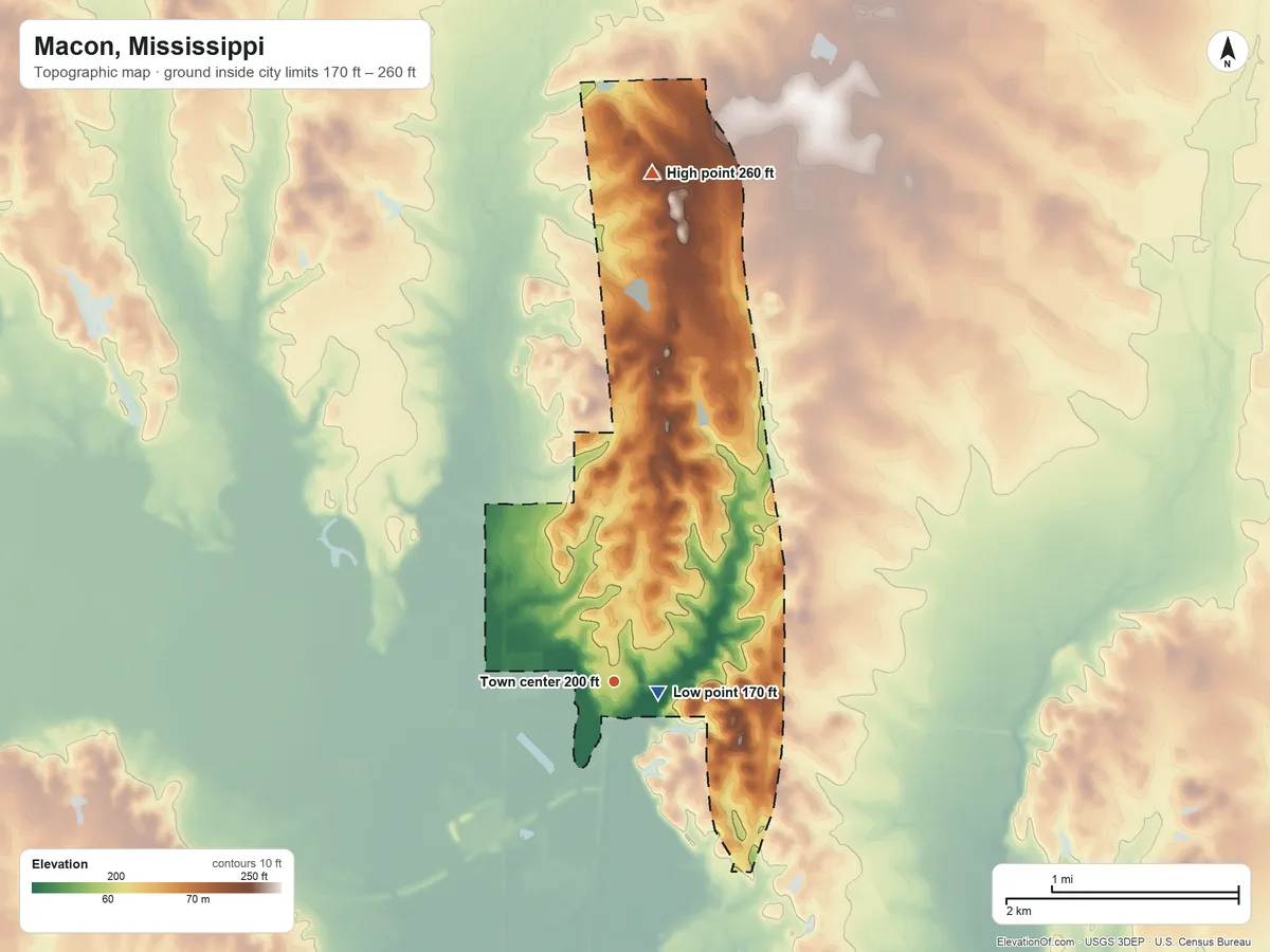Topographic elevation map of Macon, Mississippi, shaded from 170 ft near the middle to 260 ft on the north side