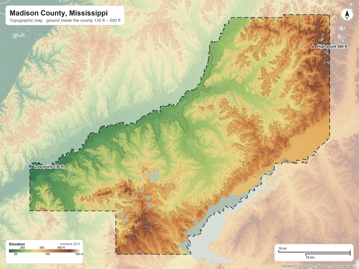Topographic elevation map of Madison County, Mississippi, shaded from 130 ft on the west side to 500 ft on the northeast side