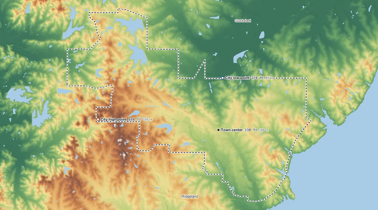 Topographic elevation map of Madison, Mississippi, shaded from 270 ft on the north side to 480 ft on the west side