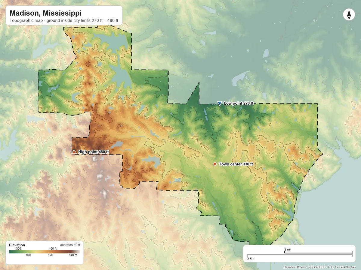 Topographic elevation map of Madison, Mississippi, shaded from 270 ft on the north side to 480 ft on the west side