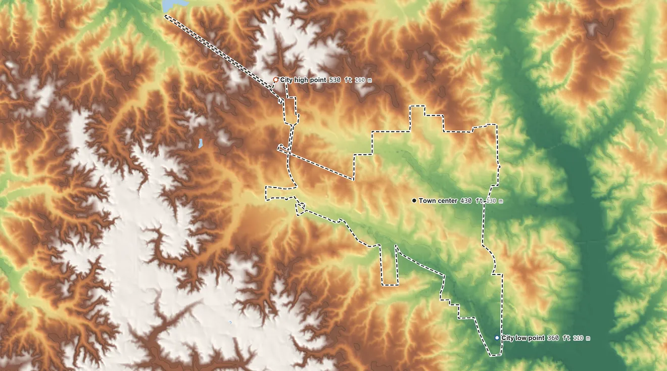 Topographic elevation map of Magee, Mississippi, shaded from 360 ft on the southeast side to 530 ft on the northwest side
