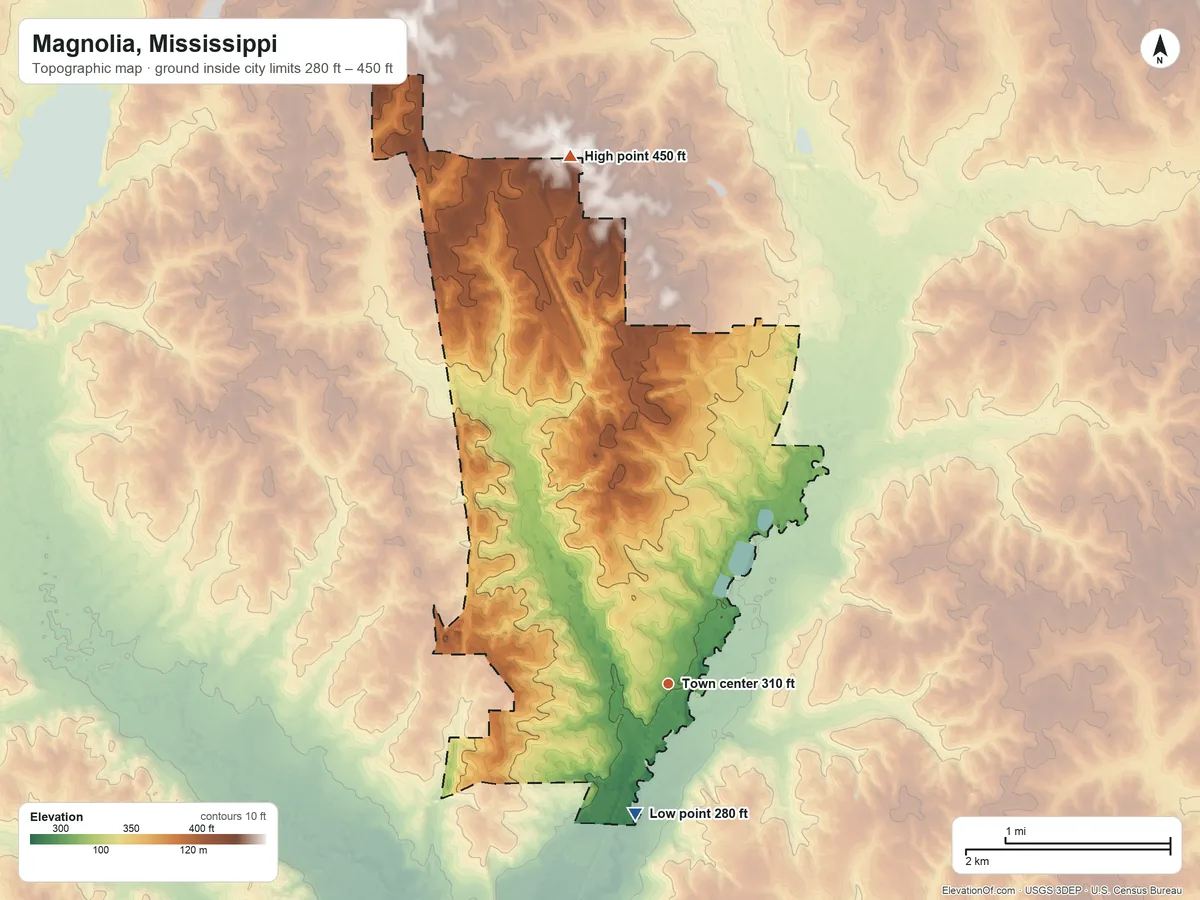 Topographic elevation map of Magnolia, Mississippi, shaded from 280 ft on the south side to 450 ft on the north side