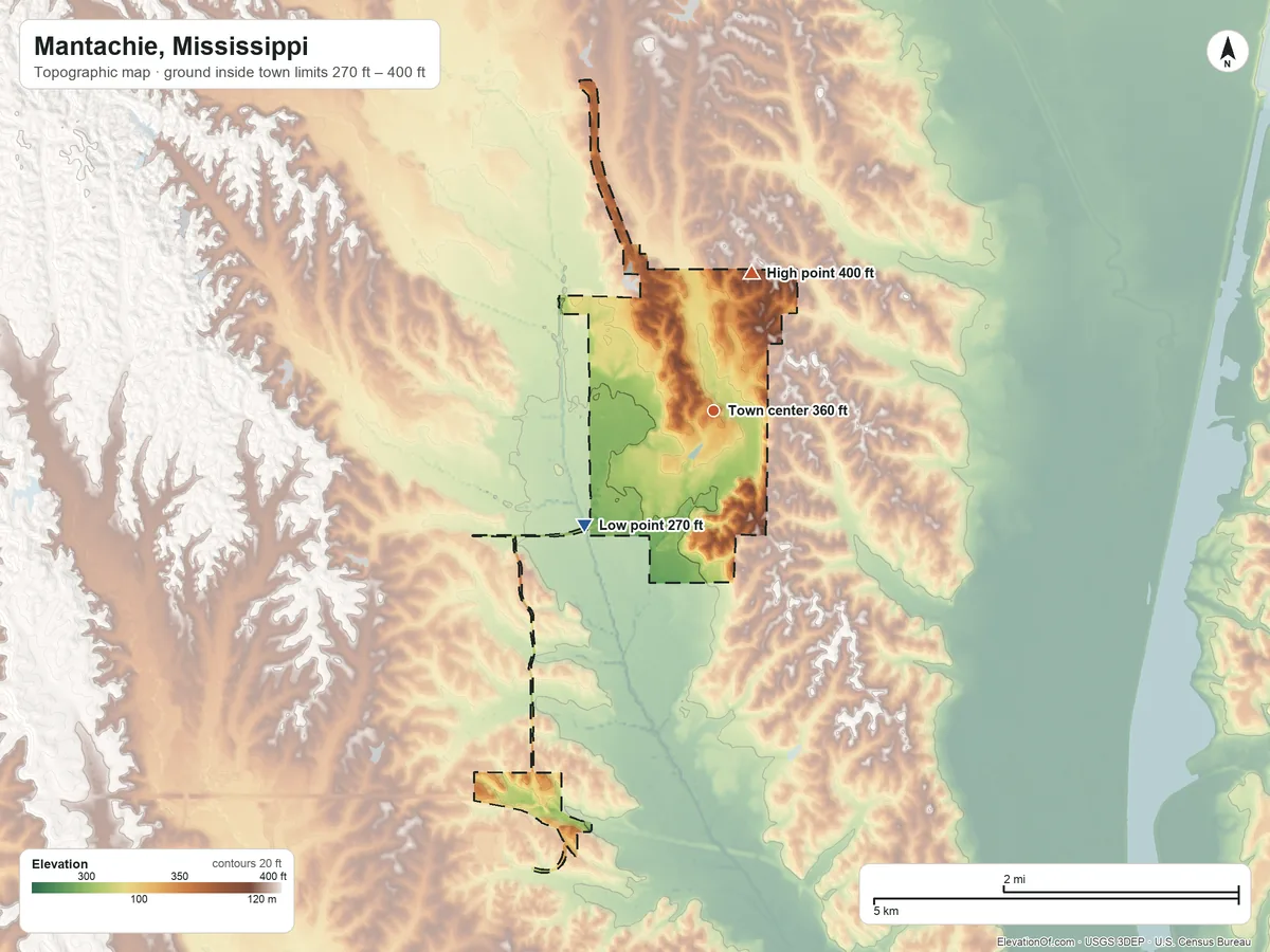 Topographic elevation map of Mantachie, Mississippi, shaded from 270 ft on the southwest side to 400 ft on the north side