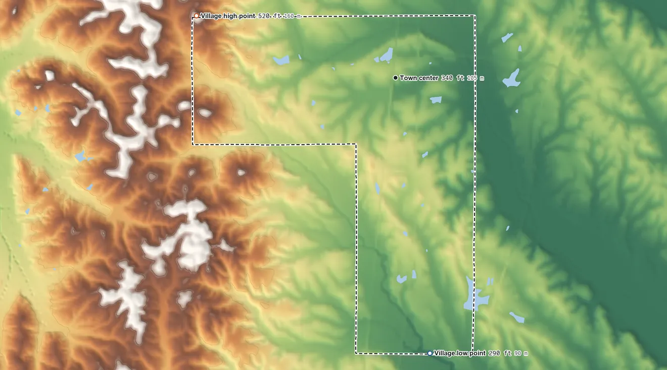 Topographic elevation map of Mantee, Mississippi, shaded from 290 ft on the south side to 520 ft on the west side