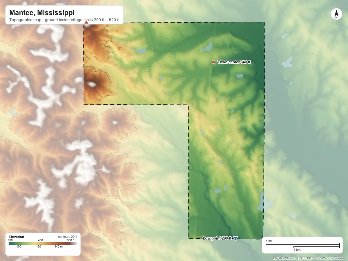 Topographic elevation map of Mantee, Mississippi, shaded from 290 ft on the south side to 520 ft on the west side