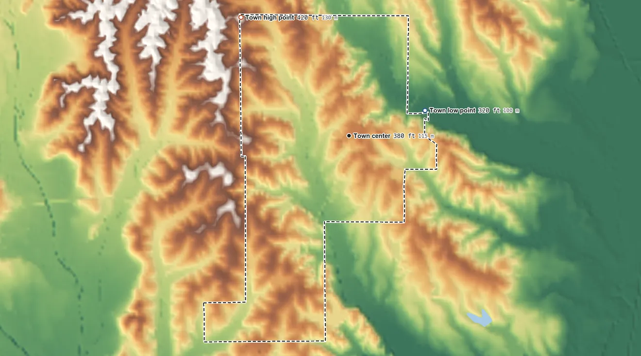 Topographic elevation map of Marietta, Mississippi, shaded from 320 ft on the east side to 420 ft on the northwest side