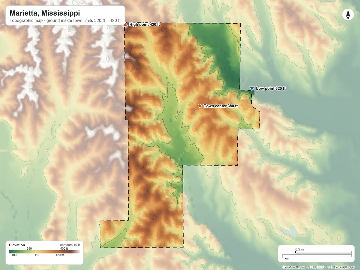 Topographic elevation map of Marietta, Mississippi, shaded from 320 ft on the east side to 420 ft on the northwest side