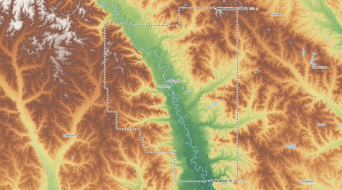 Topographic elevation map of Marion County, Mississippi, shaded from 86 ft on the southeast side to 470 ft on the northeast side