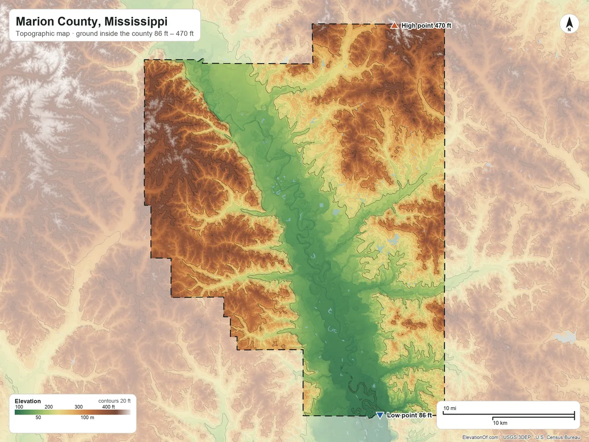 Topographic elevation map of Marion County, Mississippi, shaded from 86 ft on the southeast side to 470 ft on the northeast side