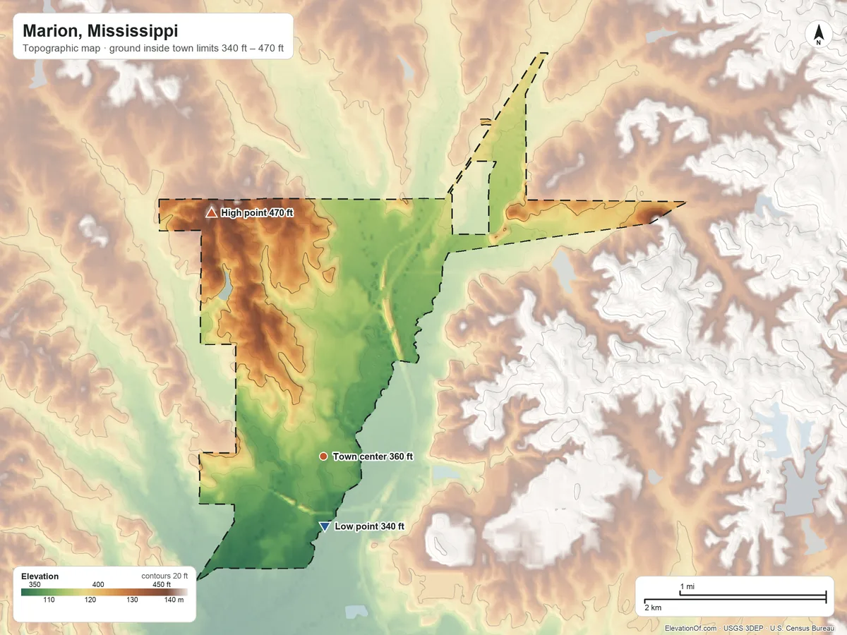 Topographic elevation map of Marion, Mississippi, shaded from 340 ft near the middle to 470 ft on the northwest side