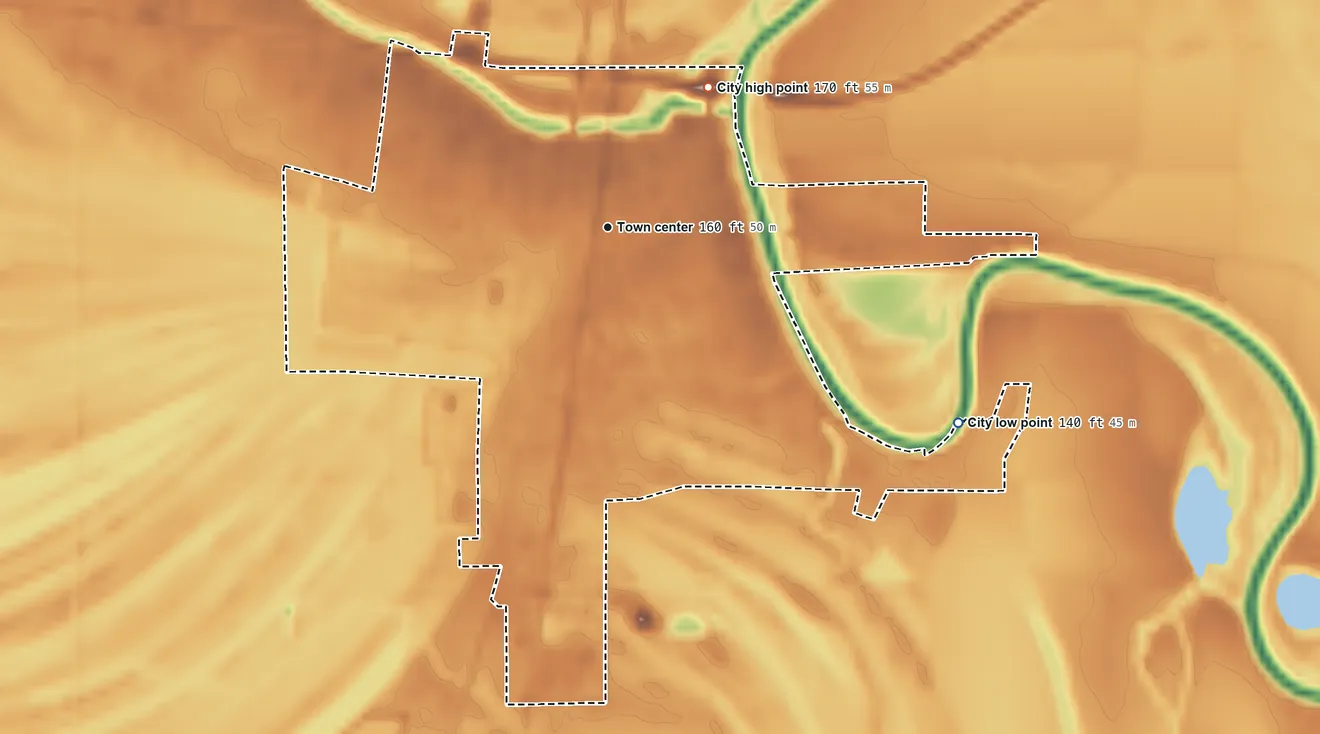 Topographic elevation map of Marks, Mississippi, shaded from 140 ft on the southeast side to 170 ft on the northeast side