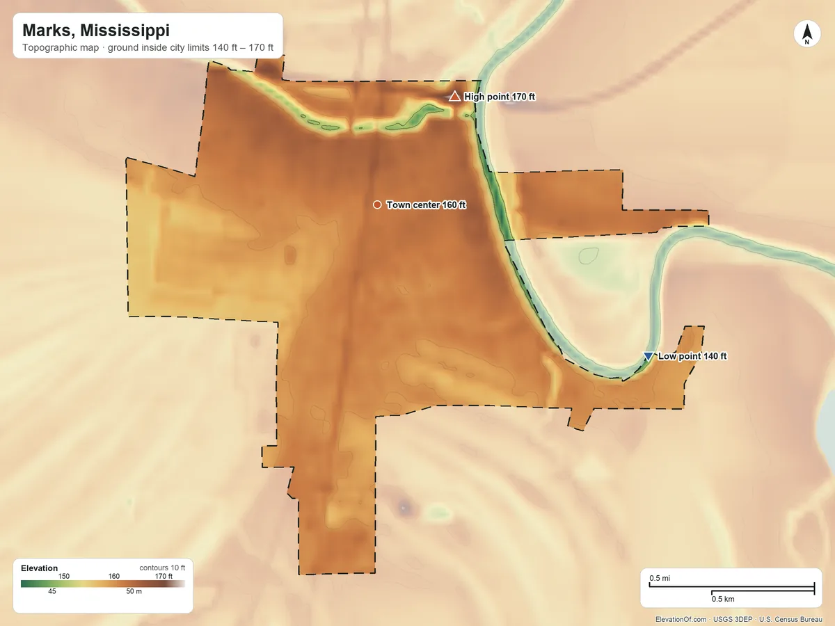 Topographic elevation map of Marks, Mississippi, shaded from 140 ft on the southeast side to 170 ft on the northeast side