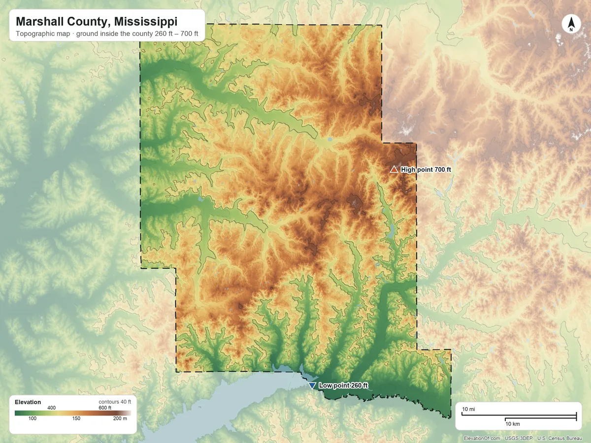 Topographic elevation map of Marshall County, Mississippi, shaded from 260 ft on the south side to 700 ft on the northeast side