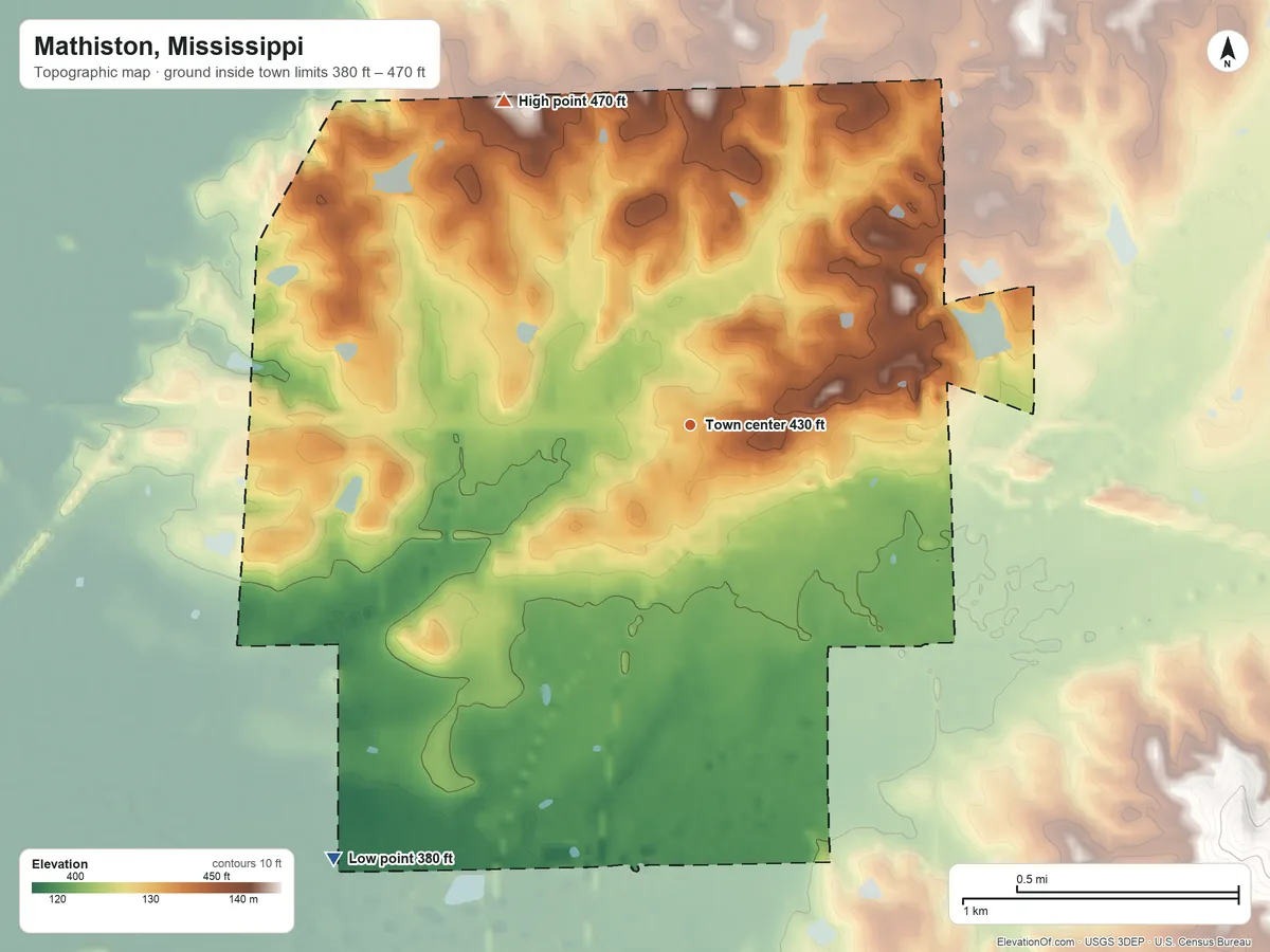 Topographic elevation map of Mathiston, Mississippi, shaded from 380 ft on the southwest side to 470 ft on the northwest side
