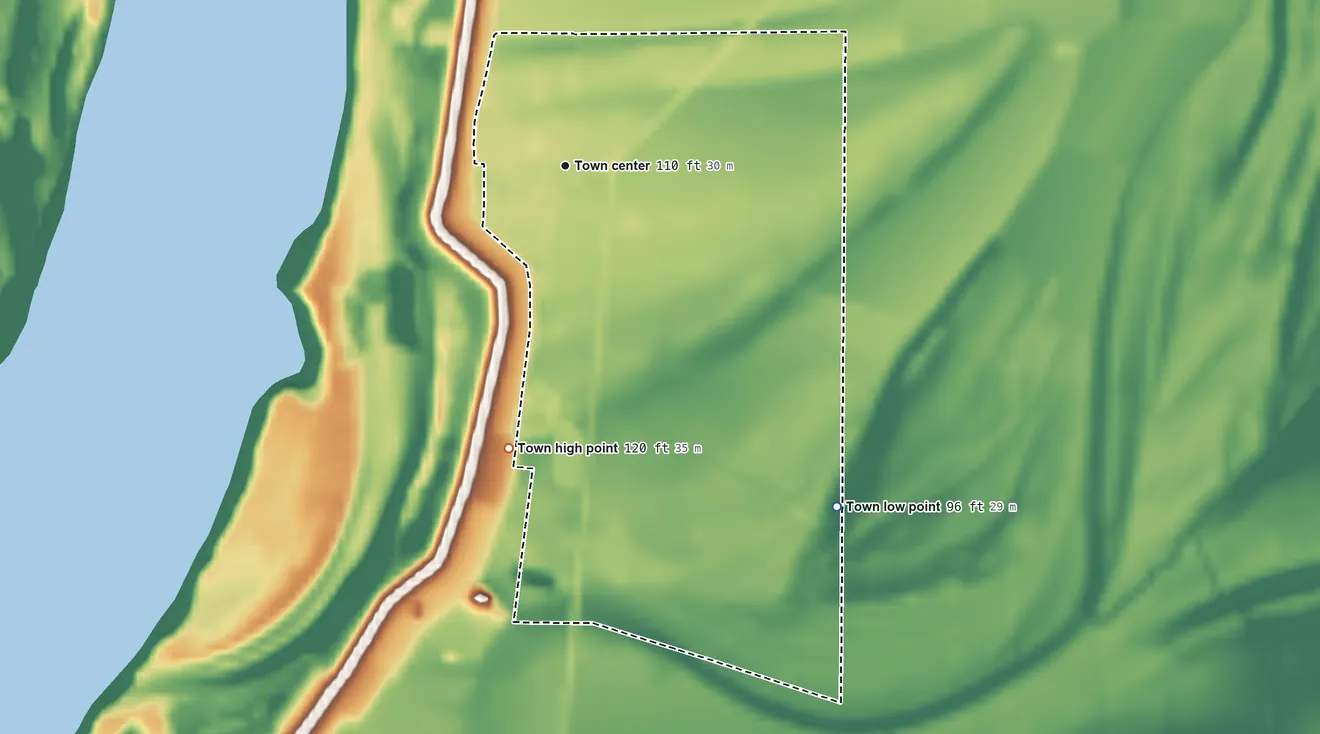 Topographic elevation map of Mayersville, Mississippi, shaded from 96 ft on the southeast side to 120 ft on the south side