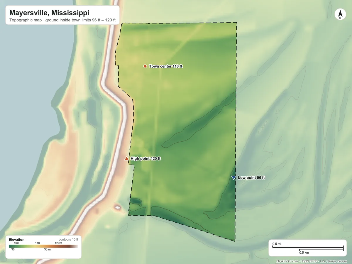 Topographic elevation map of Mayersville, Mississippi, shaded from 96 ft on the southeast side to 120 ft on the south side