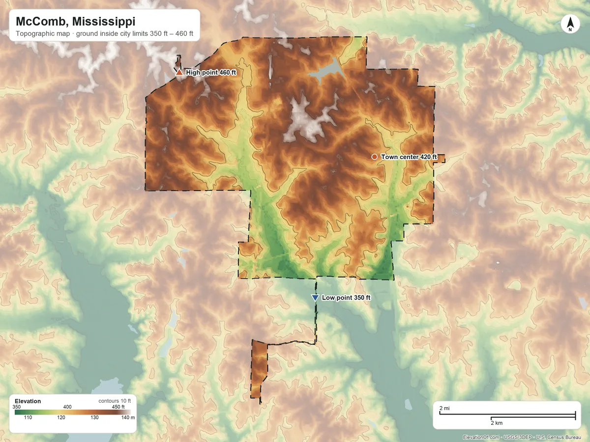 Topographic elevation map of McComb, Mississippi, shaded from 350 ft on the southwest side to 460 ft on the northwest side