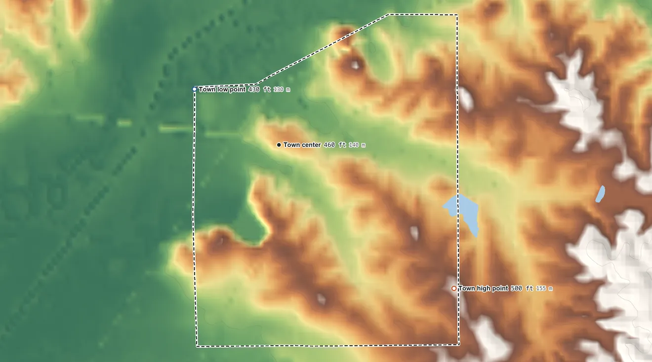 Topographic elevation map of McCool, Mississippi, shaded from 430 ft on the northwest side to 500 ft on the southeast side