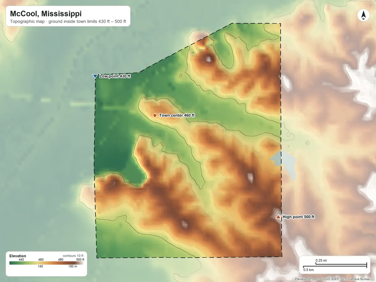 Topographic elevation map of McCool, Mississippi, shaded from 430 ft on the northwest side to 500 ft on the southeast side